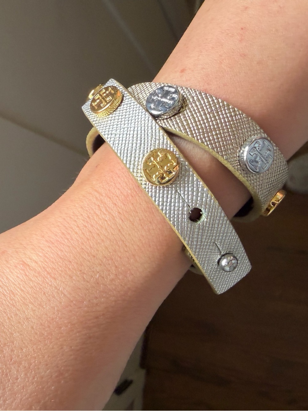 Tory Burch Two-Tone Gold & Silver Logo Stud Wrap Bracelet